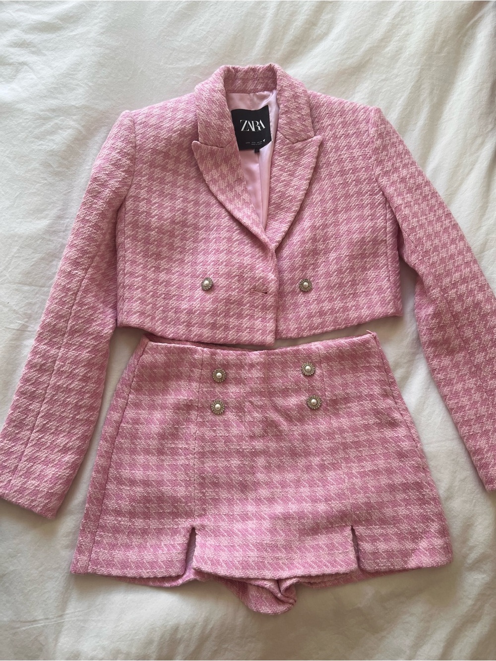LIKE NEW Zara Pink Houndstooth Tweed Cropped Blazer & Mini Skirt Set